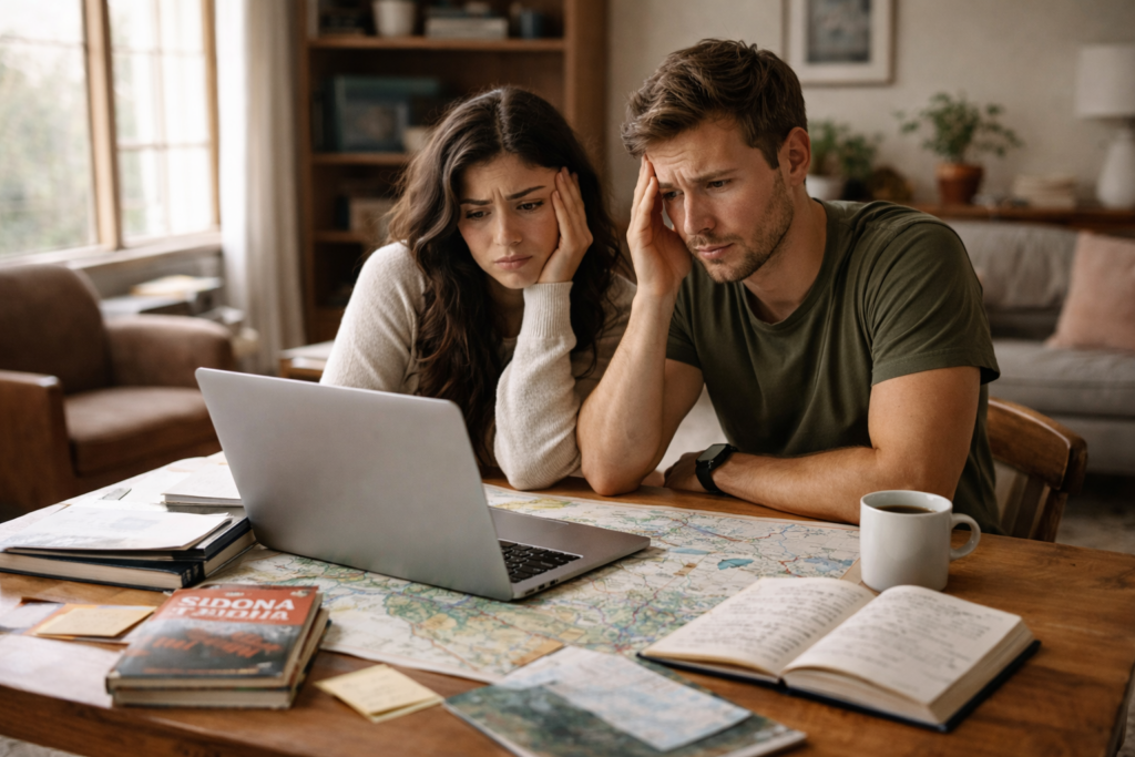 couple planning their elopement at home looking overwhelmed with maps and laptop