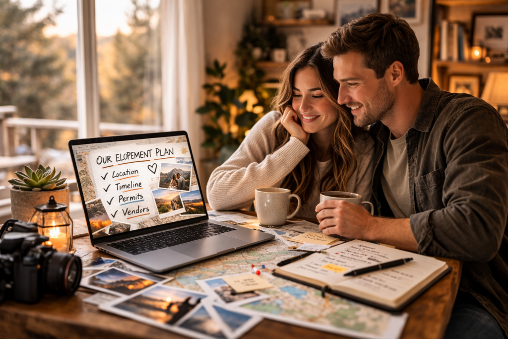 couple smiling while planning their adventure elopement on a laptop
